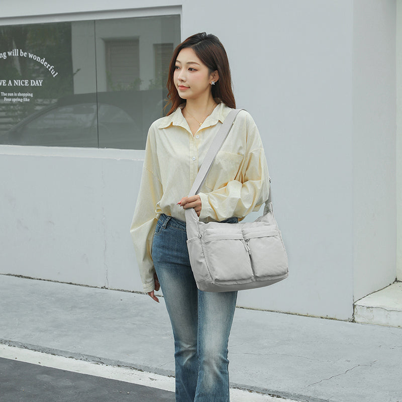 Feather Nylon Multi-Pocket Sling – Large | Lightweight Soft Nylon Crossbody Bag for Women