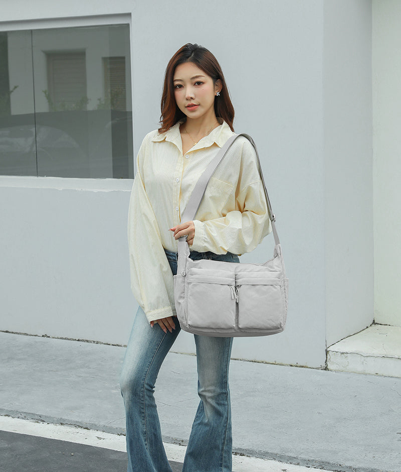 Feather Nylon Multi-Pocket Sling – Large | Lightweight Soft Nylon Crossbody Bag for Women