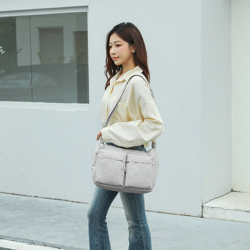 Feather Nylon Multi-Pocket Sling – Large | Lightweight Soft Nylon Crossbody Bag for Women