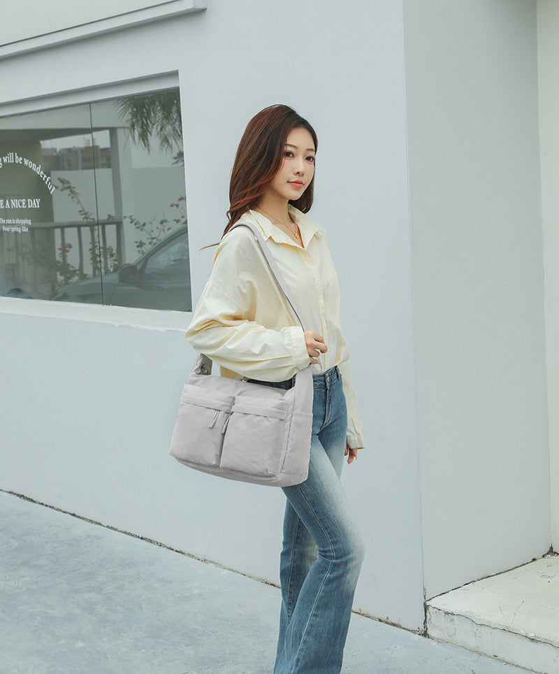 Feather Nylon Multi-Pocket Sling – Large | Lightweight Soft Nylon Crossbody Bag for Women
