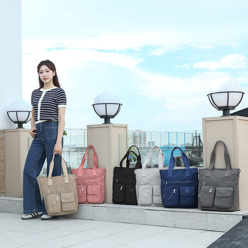 XL Tote – Multi-Pocket Lightweight Waterproof Crinkle Nylon Tote Bag (Convertible Shoulder & Sling Bag)