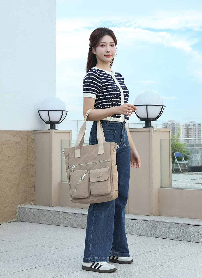 XL Tote – Multi-Pocket Lightweight Waterproof Crinkle Nylon Tote Bag (Convertible Shoulder & Sling Bag)