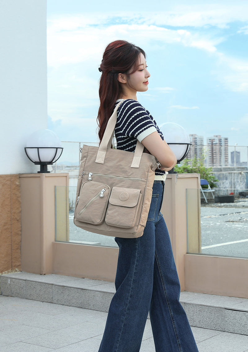 XL Tote – Multi-Pocket Lightweight Waterproof Crinkle Nylon Tote Bag (Convertible Shoulder & Sling Bag)