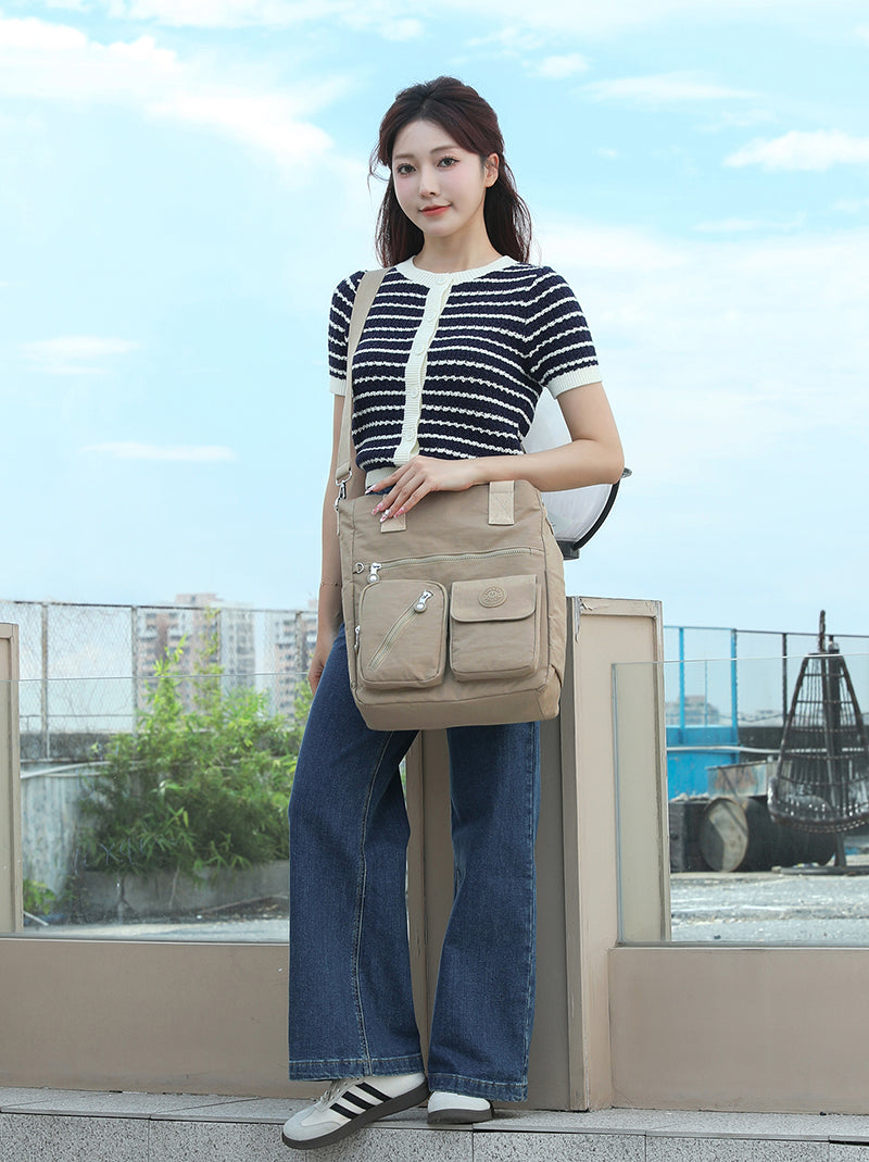 XL Tote – Multi-Pocket Lightweight Waterproof Crinkle Nylon Tote Bag (Convertible Shoulder & Sling Bag)