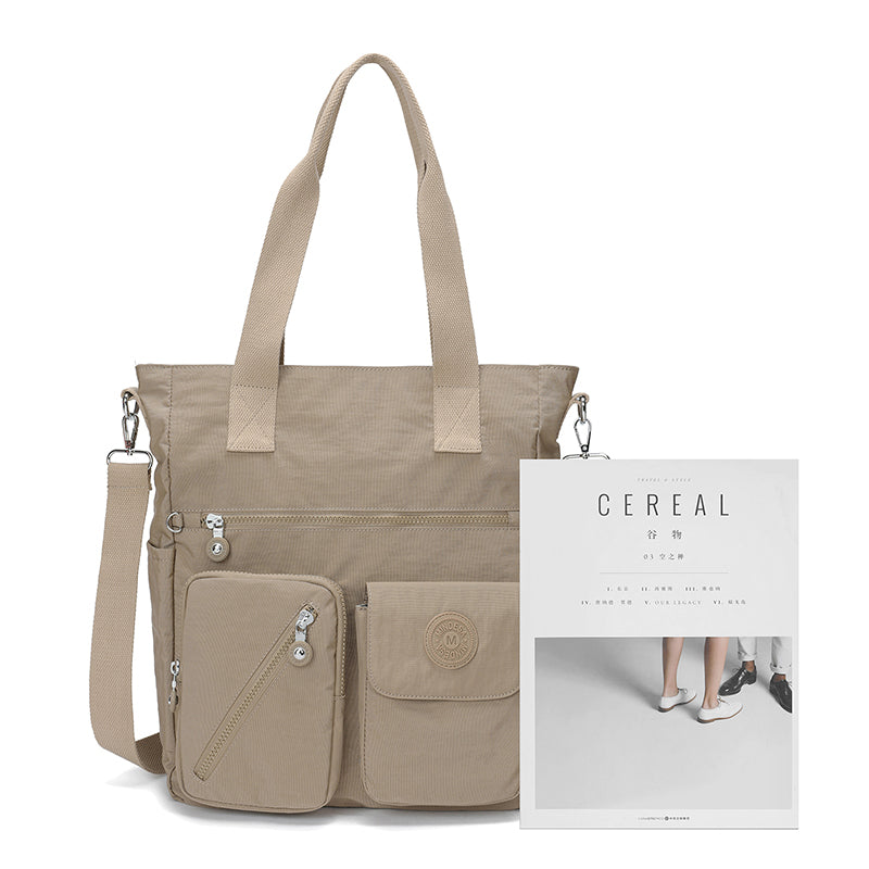 XL Tote – Multi-Pocket Lightweight Waterproof Crinkle Nylon Tote Bag (Convertible Shoulder & Sling Bag)