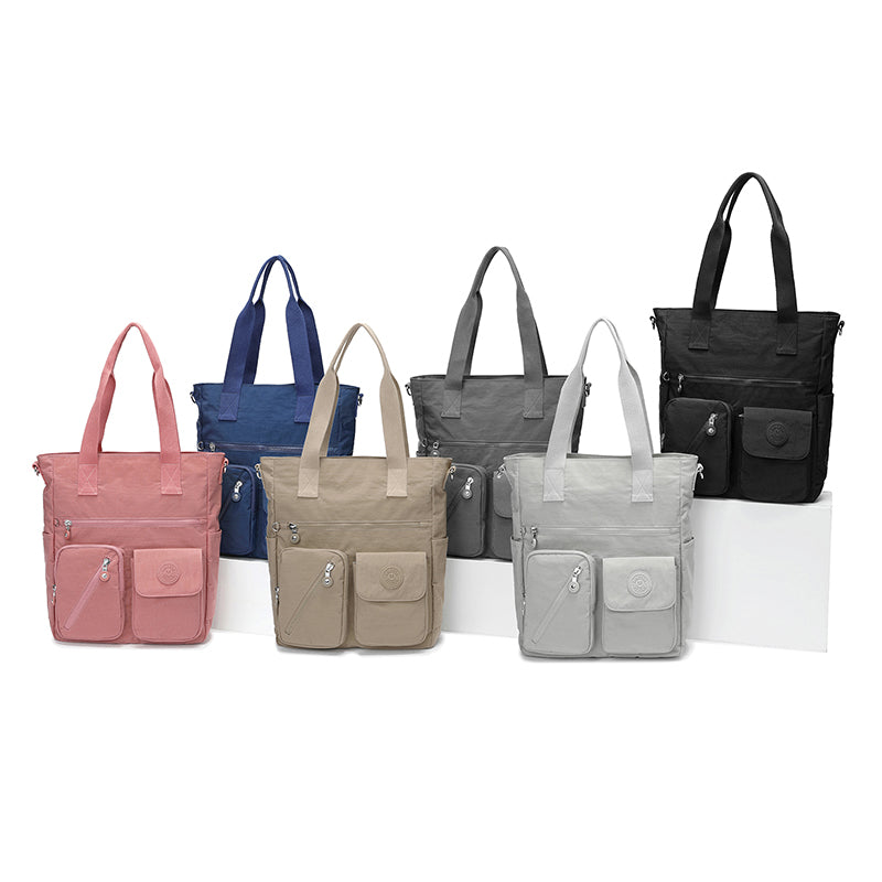 XL Tote – Multi-Pocket Lightweight Waterproof Crinkle Nylon Tote Bag (Convertible Shoulder & Sling Bag)